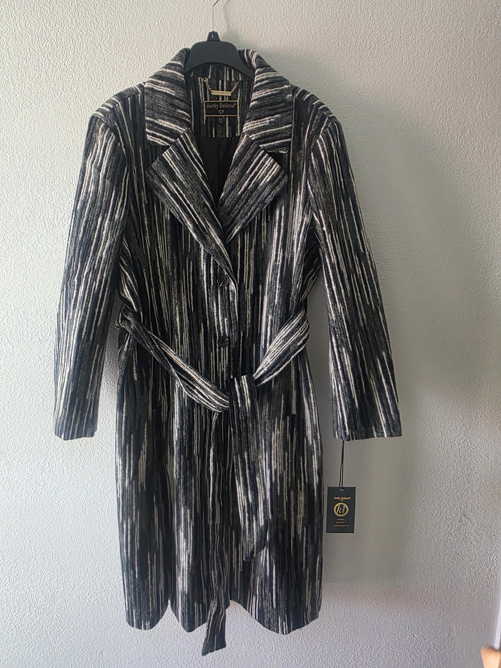 kathy ireland Black and White Striped Trench Coat with Belt